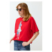 Trendyol Red Printed Relaxed/Comfortable Fit Crew Neck Knitted T-Shirt