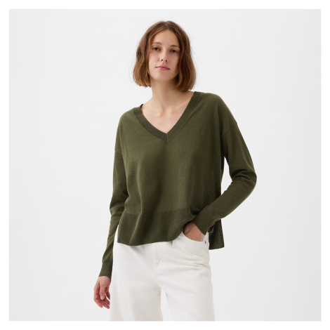 GAP Longsleeve Linen Split Hem Pullover Sweater Ripe Olive