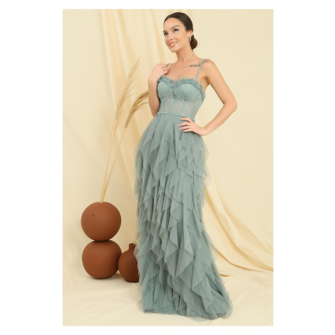 By Saygı Bead Rope Strapless Strapless Handkerchief Fringed Lined Long Tulle Dress