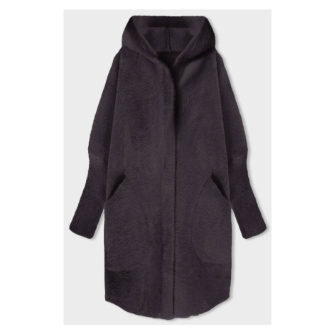 Dlouhý vlněný přehoz přes oblečení typu alpaka v lilkové barvě s kapucí (908) Made in Italy