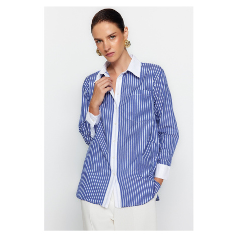 Trendyol Blue Striped Pocket Oversize / Wide Fit Woven Shirt