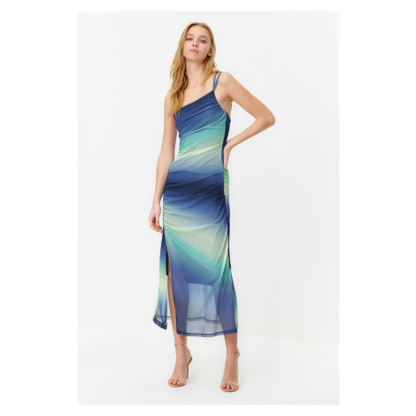 Trendyol Blue Gradient Gradient Fitted Gathered Maxi Flexible Knitted Pencil Dress