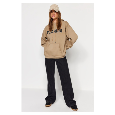 Trendyol Mink Thick Inside Fleece City Printed Oversize/Wide Fit Hooded Knitted Sweatshirt