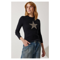 Happiness İstanbul Women's Black Star Printed Knitted Blouse