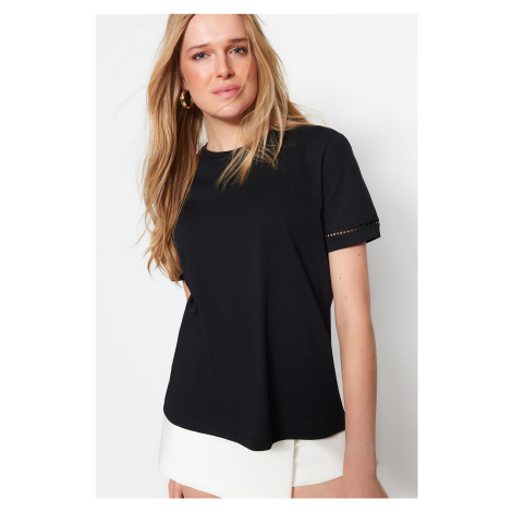 Trendyol Black 100% Cotton Basic Crew Neck Knitted T-Shirt with Embroidery Detail