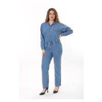 Şans Women's Plus Size Blue Front Buttoned Waist Elastic Detailed Chest And Back Pocket Denim Ju