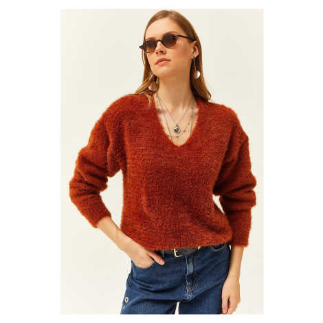 Olalook Women's Camel V-Neck Bearded Soft Textured Knitwear Sweater