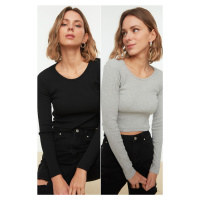 Trendyol Black-Grey 2-Pack Fitted Wide Collar Corduroy Stretchy Crop Knitted Blouse