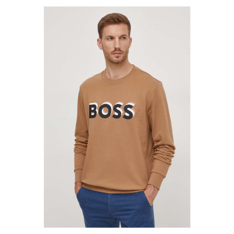 Bavlněná mikina BOSS pánská, béžová barva, s potiskem Hugo Boss