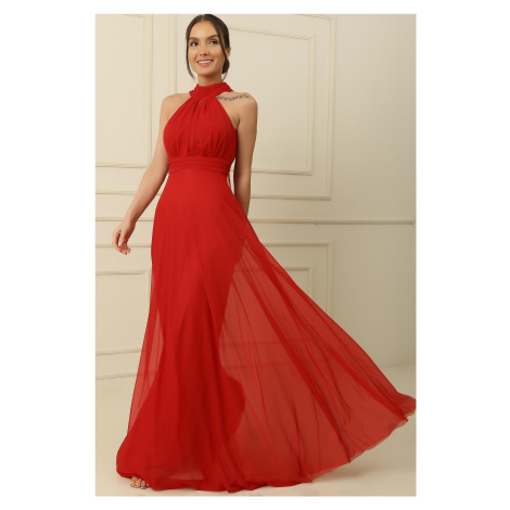 By Saygı Halter Neck Lined Long Tulle Dress