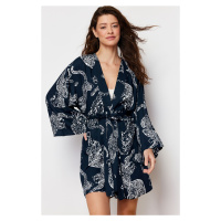 Trendyol Anthracite Belted Animal Patterned Viscose Woven Dressing Gown