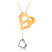 Zlatý náhrdelník 585 - jemný řetízek, dvojitá kontura srdce a visící srdíčko