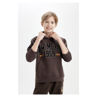 DEFACTO Boy Brown Regular Fit Slogan Printed Hooded Thick Sweatshirt