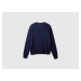 Benetton, Dark Blue Crew Neck Cardigan In Pure Merino Wool