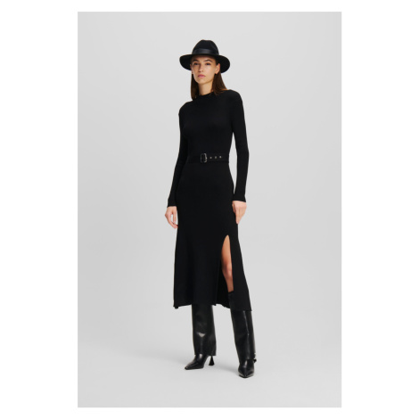 Šaty karl lagerfeld lslv buckle belt knit dress black