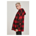 Ladies Hooded Oversized Check Sherpa Jacket - firered/blk