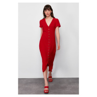 Trendyol Red Straight Cut Button Detail V-neck Midi Woven Dress