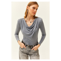 Olalook Women's Gray Waistband Pleated Roll Up Collar Blouse