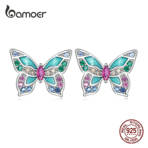 Stříbrné náušnice barevné motýlky LOAMOER