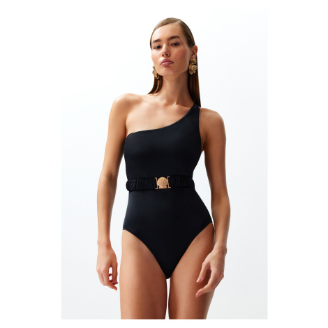 Trendyol Black Belted One-Shoulder Accessory Regular Swimsuit