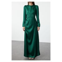 Trendyol Emerald Green Belt Detailed Satin Woven Evening Dress