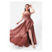 Lafaba Women's Salmon Plus Size Satin Evening Dress with a slit. Prom Evening Dress.
