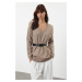 Trendyol Mink Wide Pattern Belted Soft Texture Knitwear Sweater