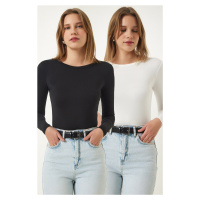 Happiness İstanbul Women's Black and White Crew Neck Wrap 2-Pack Basic Knitted Blouse