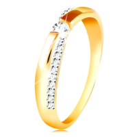 Zlatý 14K prsten - třpytivý a hladký pás, kulatý zirkon čiré barvy
