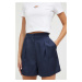 Kraťasy Abercrombie & Fitch dámské, tmavomodrá barva, hladké, high waist