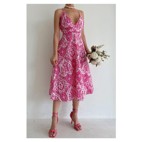 Madmext Pink Patterned Decollete Midi Length Dress