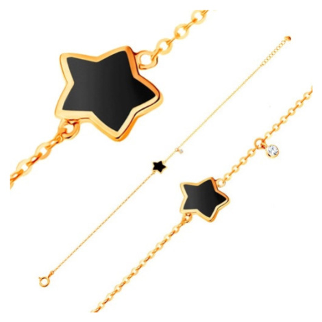 Náramek ze žlutého 14K zlata, přívěsky - hvězda s černou glazurou, zirkon Šperky eshop