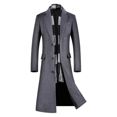 Dlouhý pánský kabát vlněný na knoflíky s kapsami a podšívkou CARANFLER