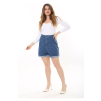 Şans Women's Plus Size Blue 5 Pockets Turn Up Denim Shorts