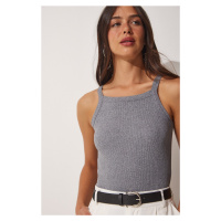 Happiness İstanbul Women's Gray Corduroy Crop Halterneck Knitted Singlets