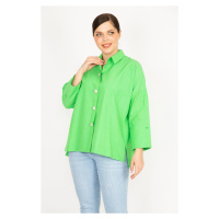 Şans Women's Green Plus Size Stone Buttoned Side Slit Shirt