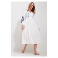 Trend Alaçatı Stili Women's White V-Neck Inner Lined Linen Embroidery Midi Length Dress