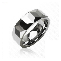 Wolframový prsten stříbrné barvy, geometricky broušený povrch, 8 mm