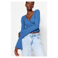 Trendyol Indigo Premium Textured Fabric Double Breasted Neck Regular/Regular Fit Crop Knitted Bl
