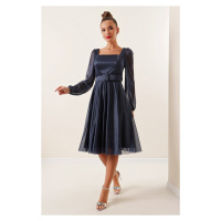 By Saygı Square Neck Belted Balloon Sleeve Lined Silvery Dress