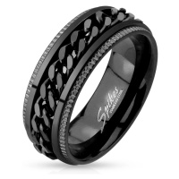Ocelový prsten, černá barva, vroubkované okraje, řetízek uprostřed