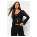 Trendyol Black V-Neck Button Detailed Lace Knitted Blouse