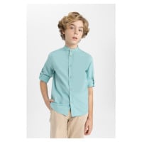 DEFACTO Boy's Stand Collar Linen Look Basic Long Sleeve Shirt