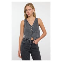 Trendyol Anthracite V-Neck Fitted Denim Vest