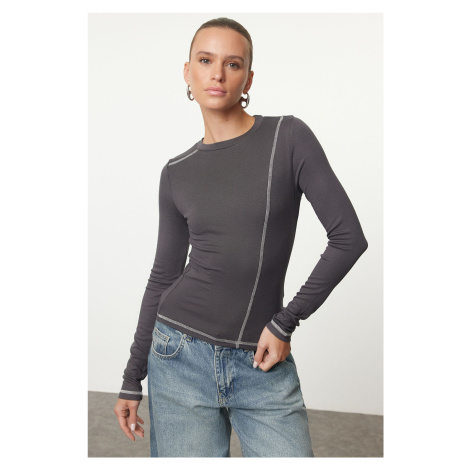 Trendyol Anthracite Fitted/Body-Sit Cardigan Stitching Detailed Crew Neck Flexible Knitted Blous