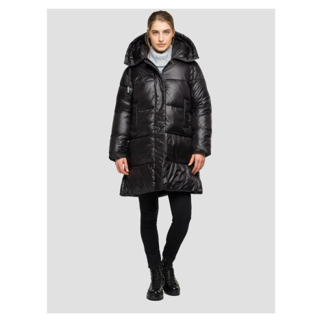 Černá dámská prošívaná dlouhá zimní bunda s kapucí Replay