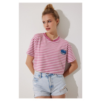 Happiness İstanbul Women's Pink Embroidery Detailed Striped 100% Cotton Crop Knitted T-Shirt