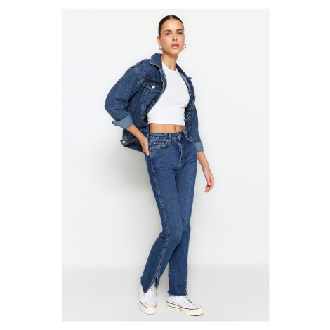 Trendyol Navy Blue Rozparek s vysokým pasem Slim Flare Jeans