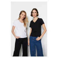 Trendyol Black and White 100% Cotton 2-Pack Basic V-Neck Knitted T-Shirt