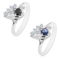 Prsten stříbrné barvy, asymetrická kapka s čirými a barevnými zirkony